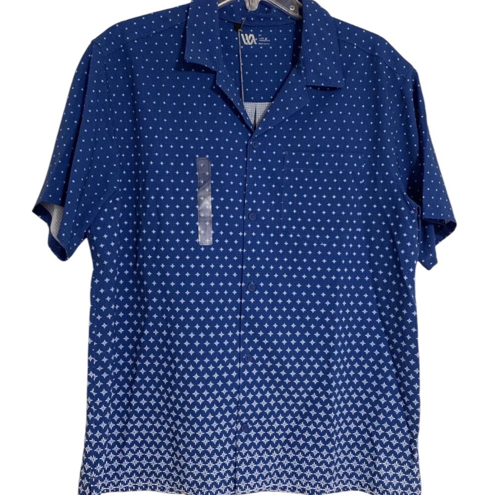 VRST Performance Mens Shirt Medium Multi Diamond Ombre Deep Denim Travel Golf